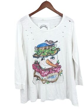 A RARE BIRD Snowman Top Shirt Christmas Distressed